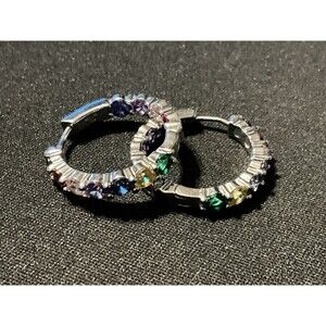 925 FZN Semi Precious Stone Double Sided Hoops Huggies Earrings